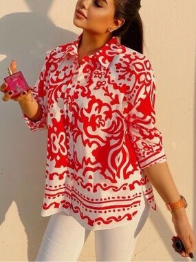 ZARA Oversized Abstract Red White Cotton Poplin Shirt L
